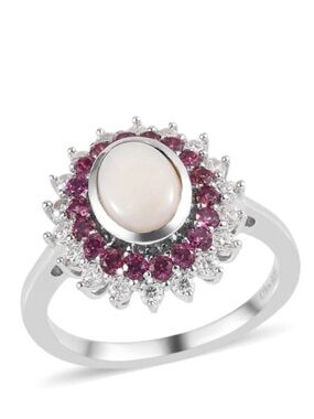 Opal, Garnet, & Moissanite Double Halo Ring Platinum Over 925 Sterling Silver